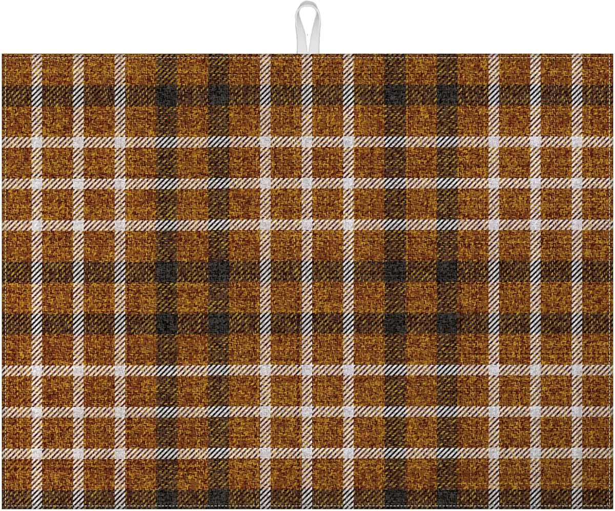 Brown Plaid Dish Drying Mat for Kitchen Counter Microfiber Absorbent Dish Kitchen Drying Mat Draining Reusable Washable for Dishes/Utensils/Counterto