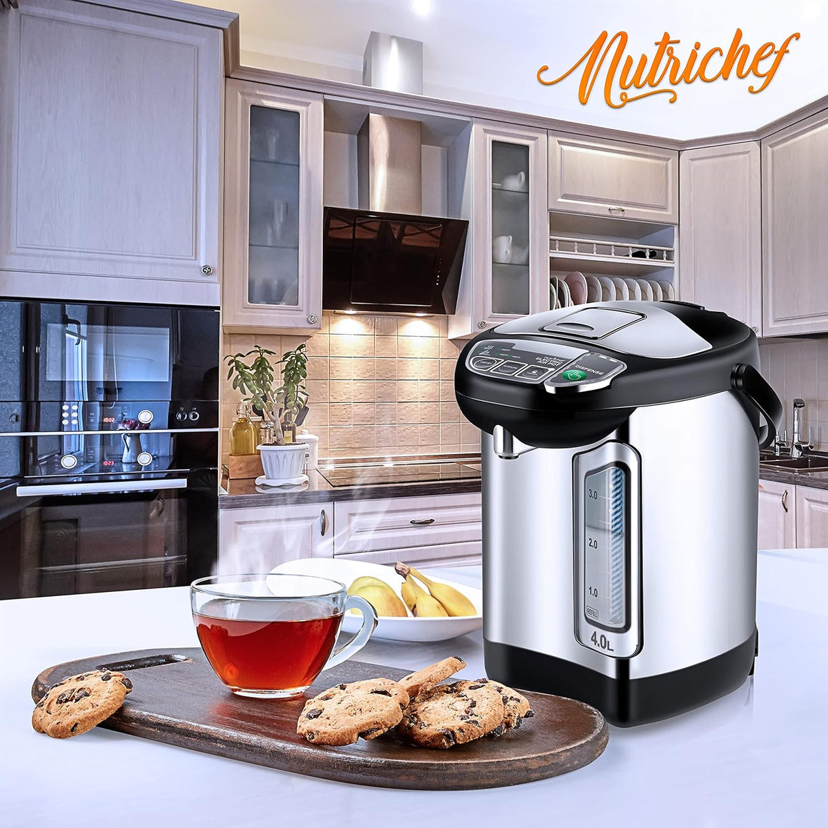 NutriChef Electric Water Boiler and Warmer - 4L/4.2Qt Stainless Steel Electric Hot Water Dispenser w/Rotating Base, Auto Shut Off, Safety Lock, Instant Heating for Coffee & Tea (NCHUB24)