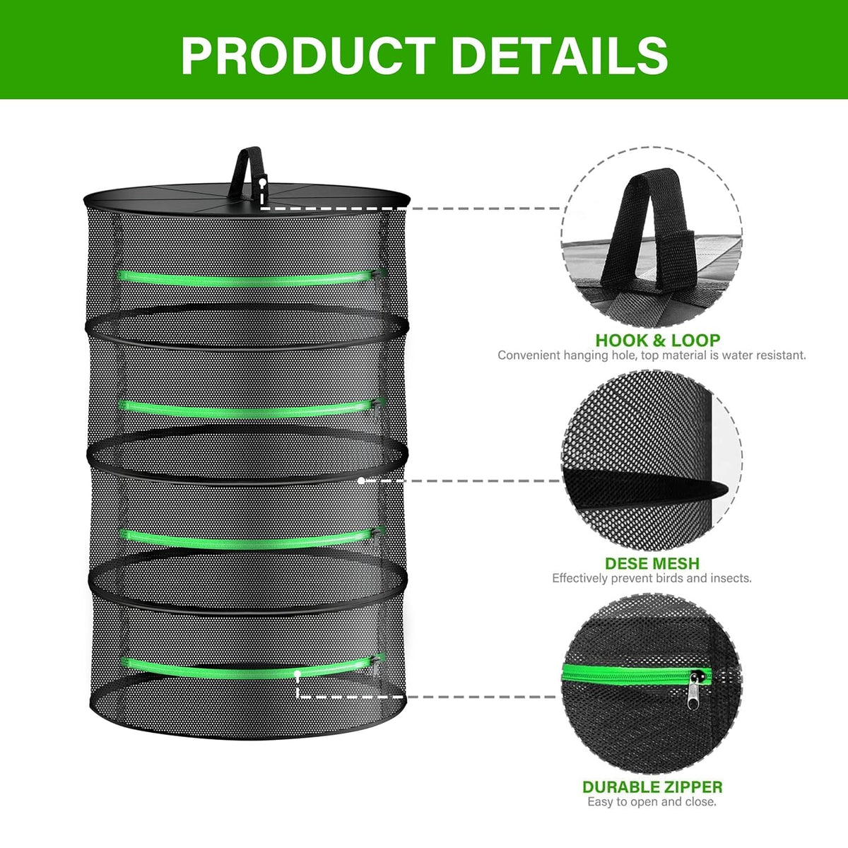 Simple Deluxe 2 Layer 24'' Herb Drying Rack with Hook, Zippered Design Hanging Dry Mesh Folding Basket Dryer for Clothes, Herbs