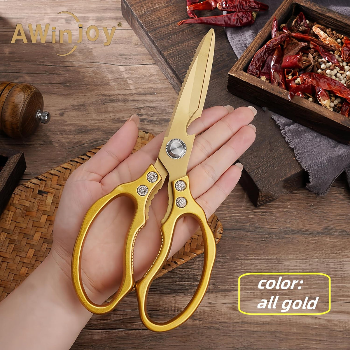 Kitchen Scissors, Heavy Duty Sharp Kitchen Shears Dishwasher Safe, Kitchen Accessories Cooking Shears for Kitchen Meat Chicken Fish Poultry Herb Bread (All Gold), skr-05