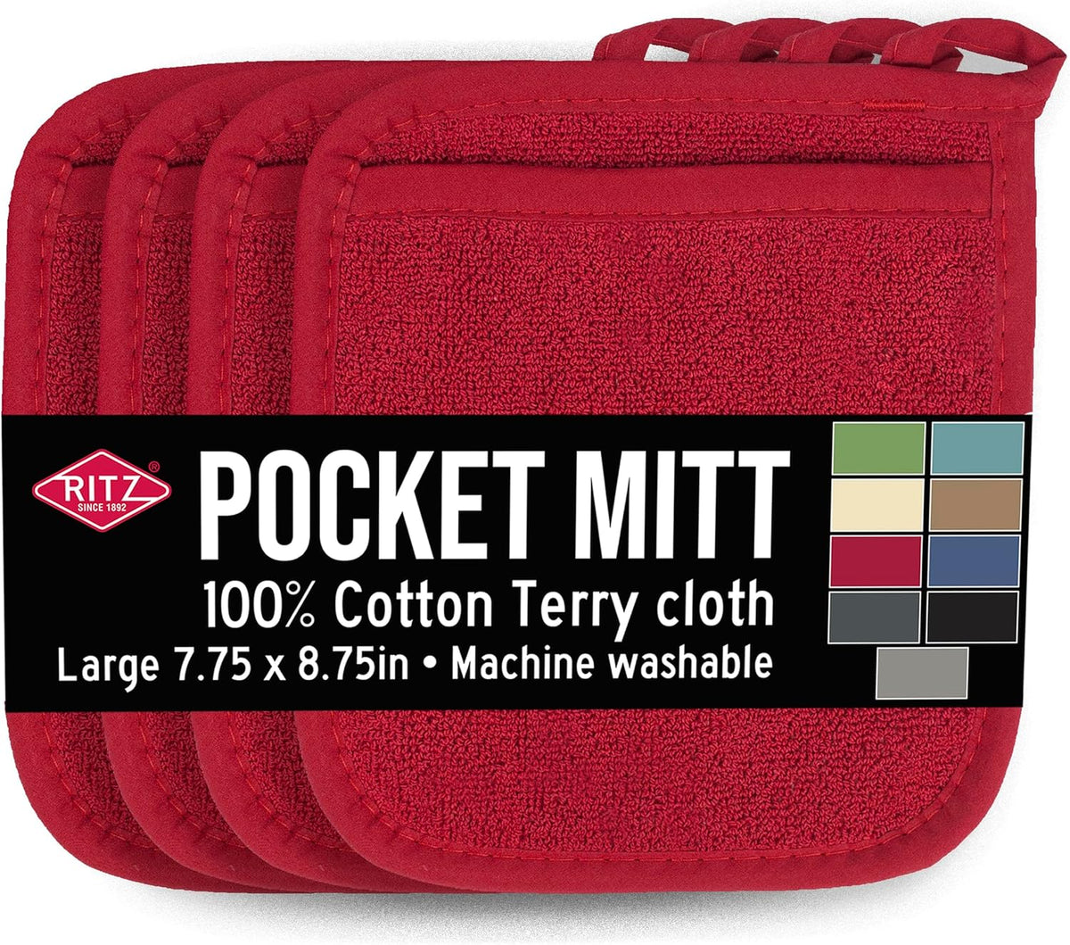 RITZ Terry Pocket Mitt & Hot Pad: Unparalleled Heat Resistant, Durable 100% Cotton,Ergonomically Designed for Optimal Grip, Easy-Care Machine Washable 4-Pack, Paprika Red