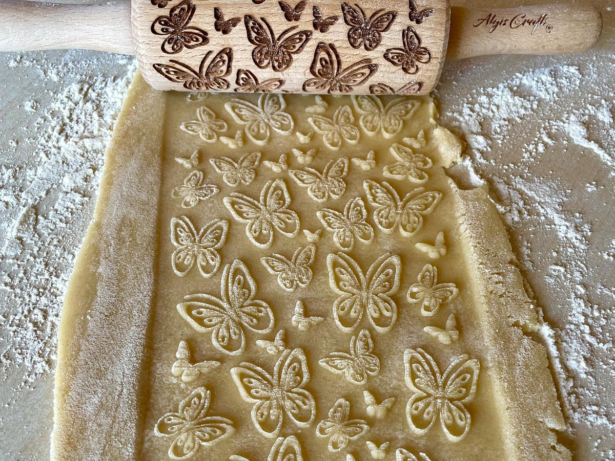 SUMMER 3 KID Rolling Pin SET. Wooden Laser Cut Mini Rolling Pins for cookies, play dough, salt dough or clay Butterfly, Music Flower by Algis Crafts