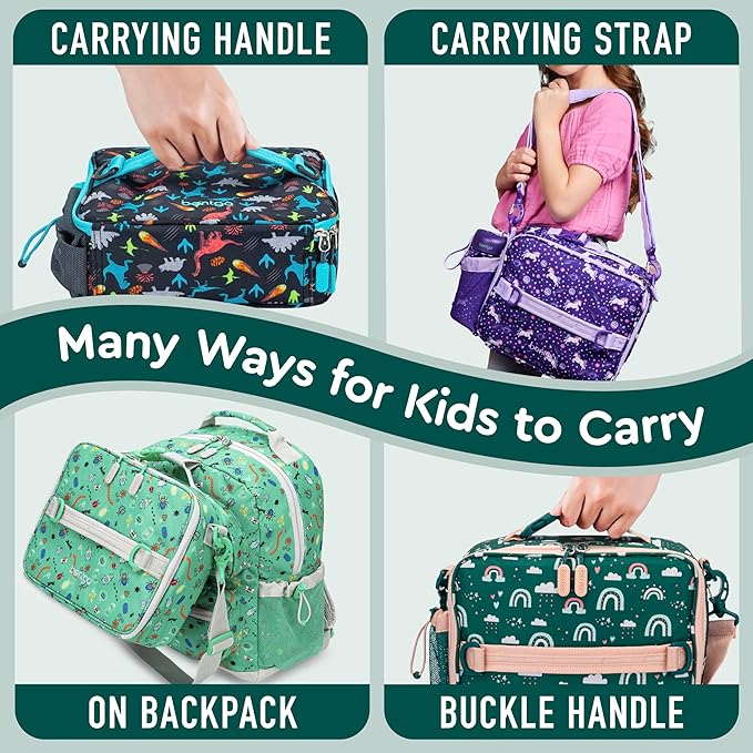 Bentgo Kids Lunch Bag - Durable, Double-Insulated Lunch Bag for Kids 3+; Holds Lunch Box, Water Bottle, & Snacks; Easy-Clean Water-Resistant Fabric & Multiple Zippered Pockets (Green Rainbow)