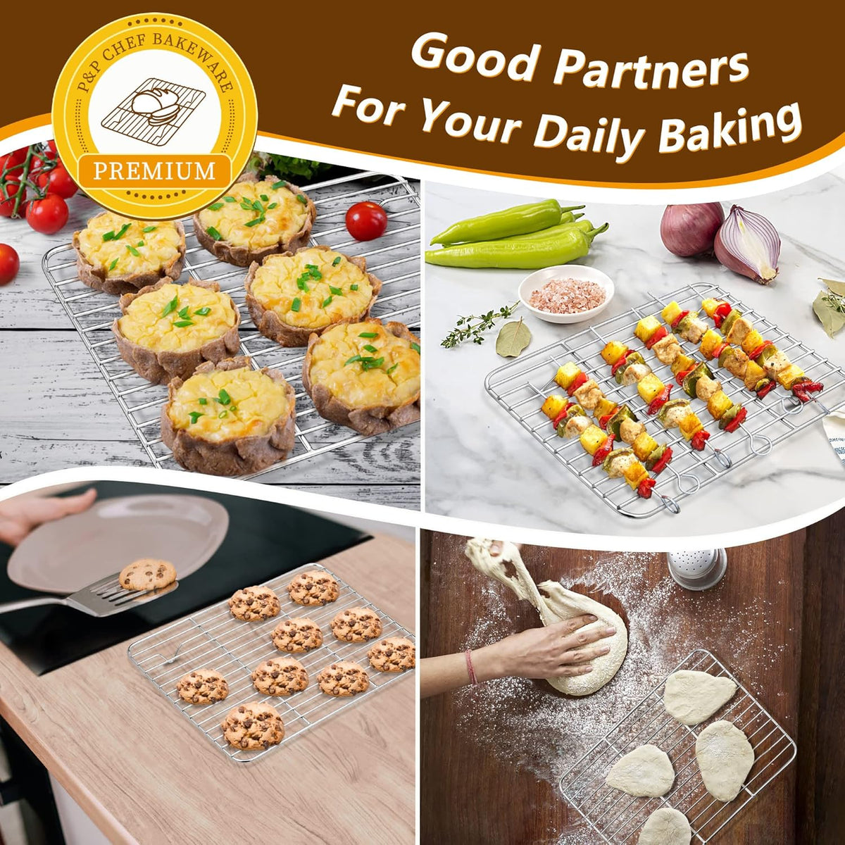 P&P CHEF 10.4 Inch Baking Sheet Pan with Rack Set, Stainless Steel Cookie Sheet Pan Tray with Cooling Rack for Oven Use, Cooking Roasting, Non Toxic & Dishwasher Safe, Heavy Duty
