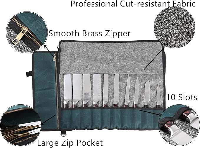 Denifiter Professional Chef's Knife Bag with Anti Cutting Fabric Inside, Heavy Duty 16oz Waxed Canvas Knife Roll, 11 Slots & Durable Handle Adjustable Shoulder Strap (Dark Green)