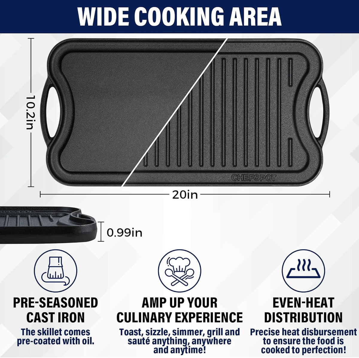 Griddle Pan for Stove Top – 20" Reversible Cast Iron Double Burner Griddle Plate, Multi-Use Preseasoned Pancake Pan with Handles - Works on most Stovetops, Grills, and Fire