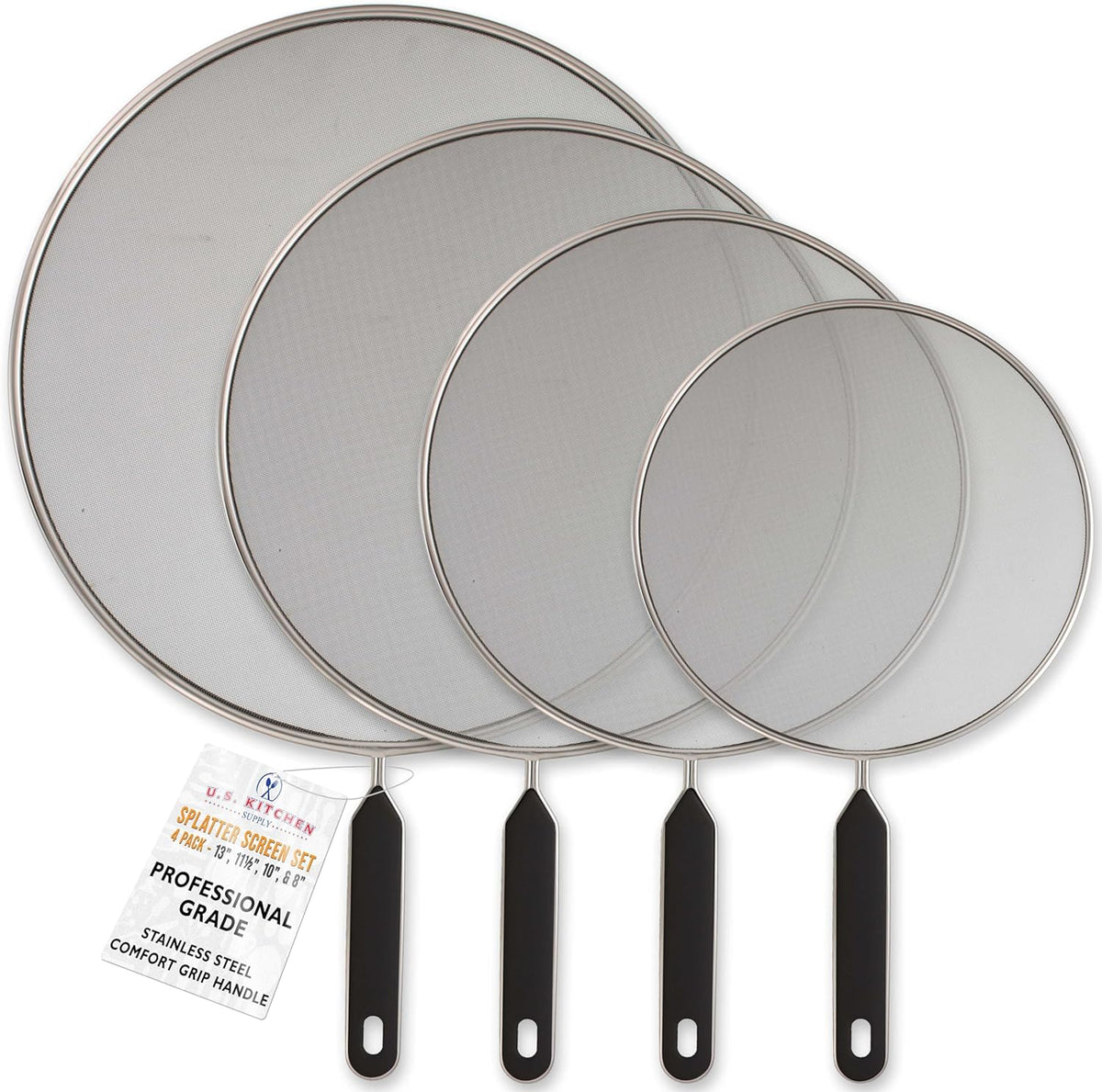 U.S. Kitchen Supply 4-Piece Stainless Steel Splatter Guard Set (13", 11.5", 10",8”) Fine Mesh Cover, Grease & Oil, Splatter Screen for Frying Pan, Cooking Pots, with Comfort Grip Handles