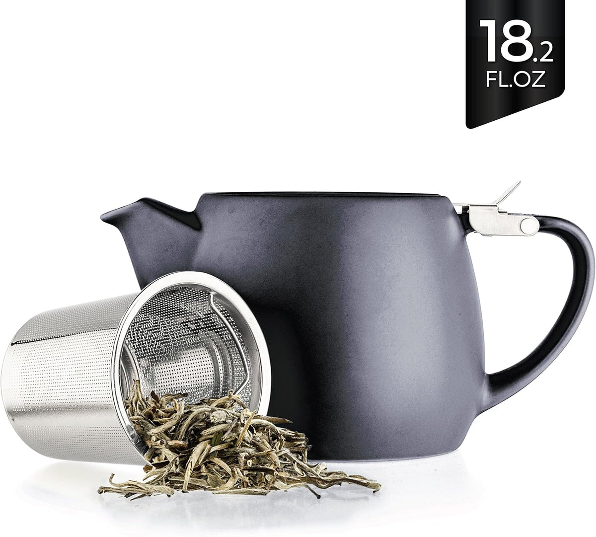 Tealyra - Pluto Porcelain Small Teapot Black - 18.2-ounce (1-2 cups) - Matte Finish - Stainless Steel Lid and Extra-Fine Infuser To Brew Loose Leaf Tea - 540ml
