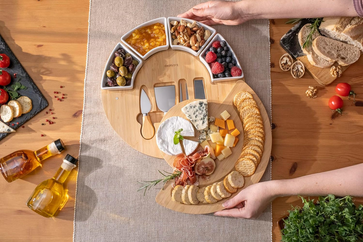 Charcuterie Cheese Board and Platter Set - Made from Bamboo Wood - US Patented 13 inch Cheese Cutting Board and Knife for Entertaining and Serving - 4 Knives - 4 Bowls