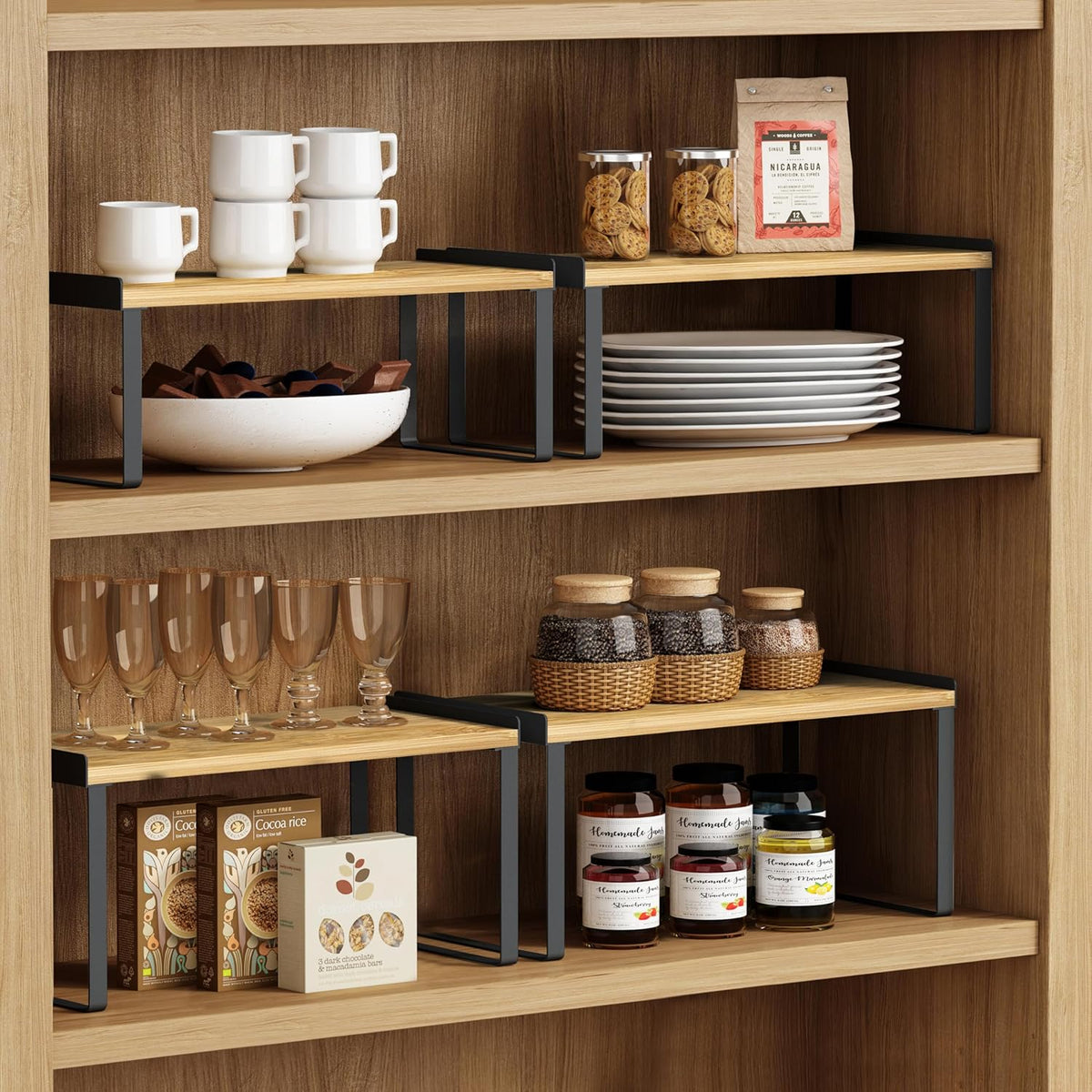 Kitchen Cabinet Organizer Shelf Set of 4, Stackable Pantry Cupboard Countertop Storage and Organizer, Desk Shelf Riser, Spice Plate Cup Expandable Storage Rack,(Black Bamboo) Large