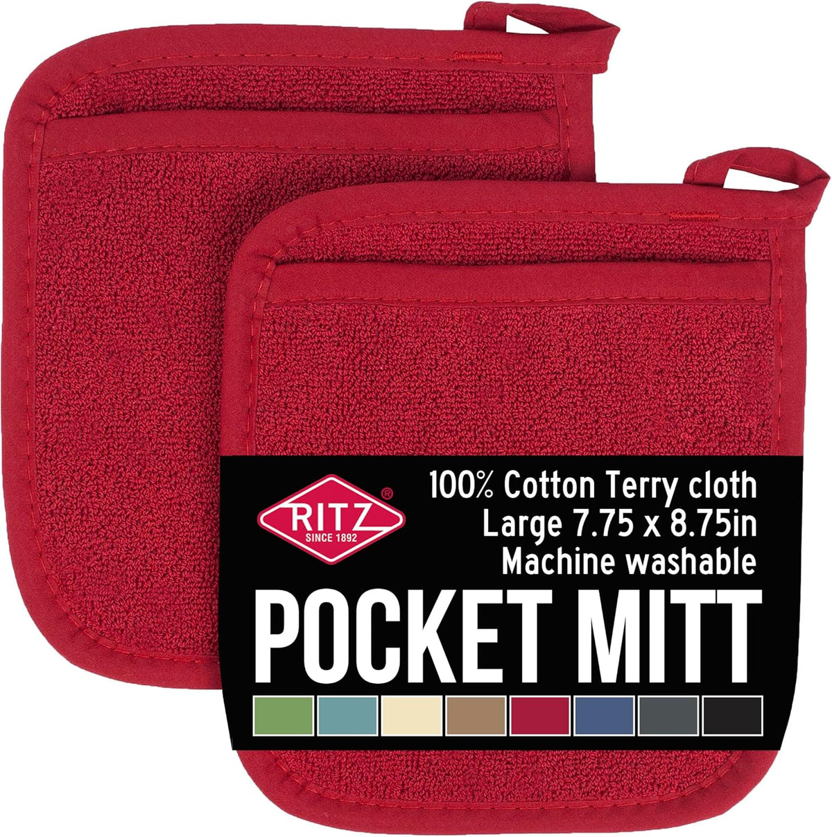 RITZ Terry Pocket Mitt & Hot Pad: Unparalleled Heat Resistant, Durable 100% Cotton – Ergonomically Designed for Optimal Grip – Easy-Care Machine Washable – 2-Pack, Paprika