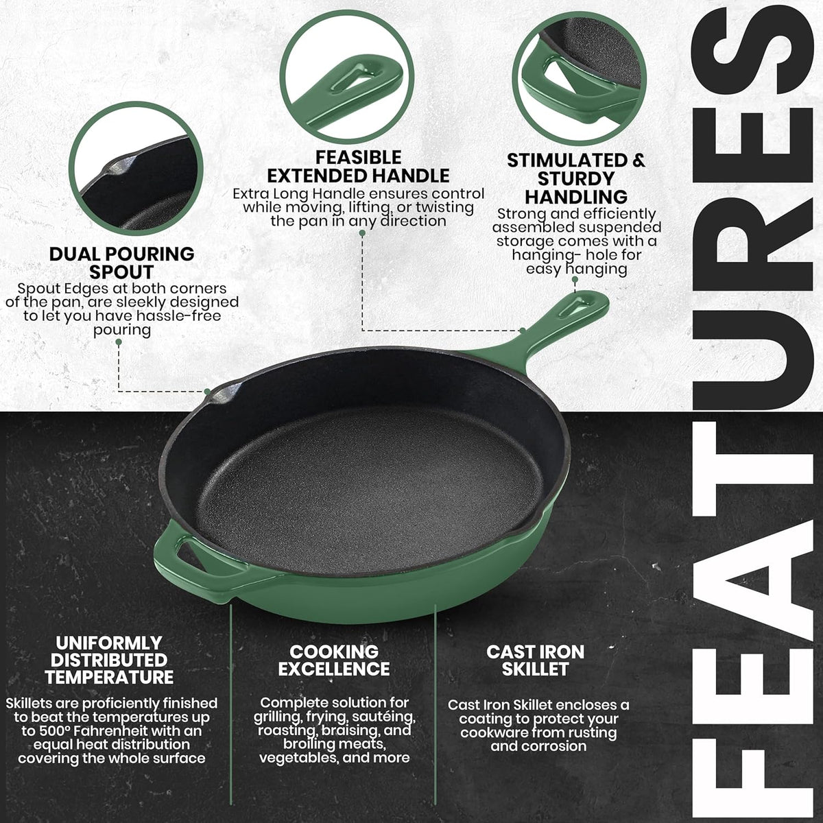 Utopia Kitchen Cast Iron Frying Pan 10.25 Inch, Cast Iron Chefs Pan, Pre Seasoned Skillet, Safe Grill Cookware for Indoor & Outdoor Use, Green