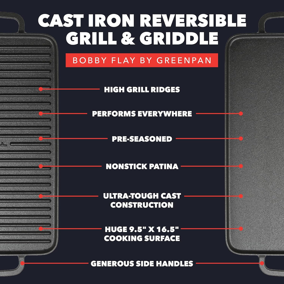 GreenPan x Bobby Flay Cast Iron Pre-Seasoned 16.5 x 9.5” Reversible Double Burner Griddle, Rectangular Grill, Helper Handles, Induction, Versatile Stovetop Oven BBQ & Fire, Indoor & Outdoor Use, Black