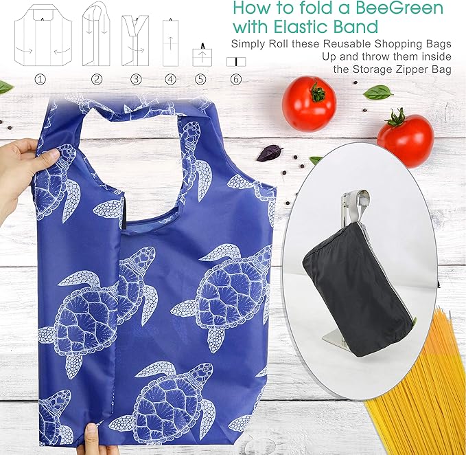 BeeGreen Animal Reusable Shopping Bags Grocery Totes 10 Pack with Zipper Carry Pouch Cute Shopper Bags XLarge Machine Washable Durable Gifts for Animal Lovers Women