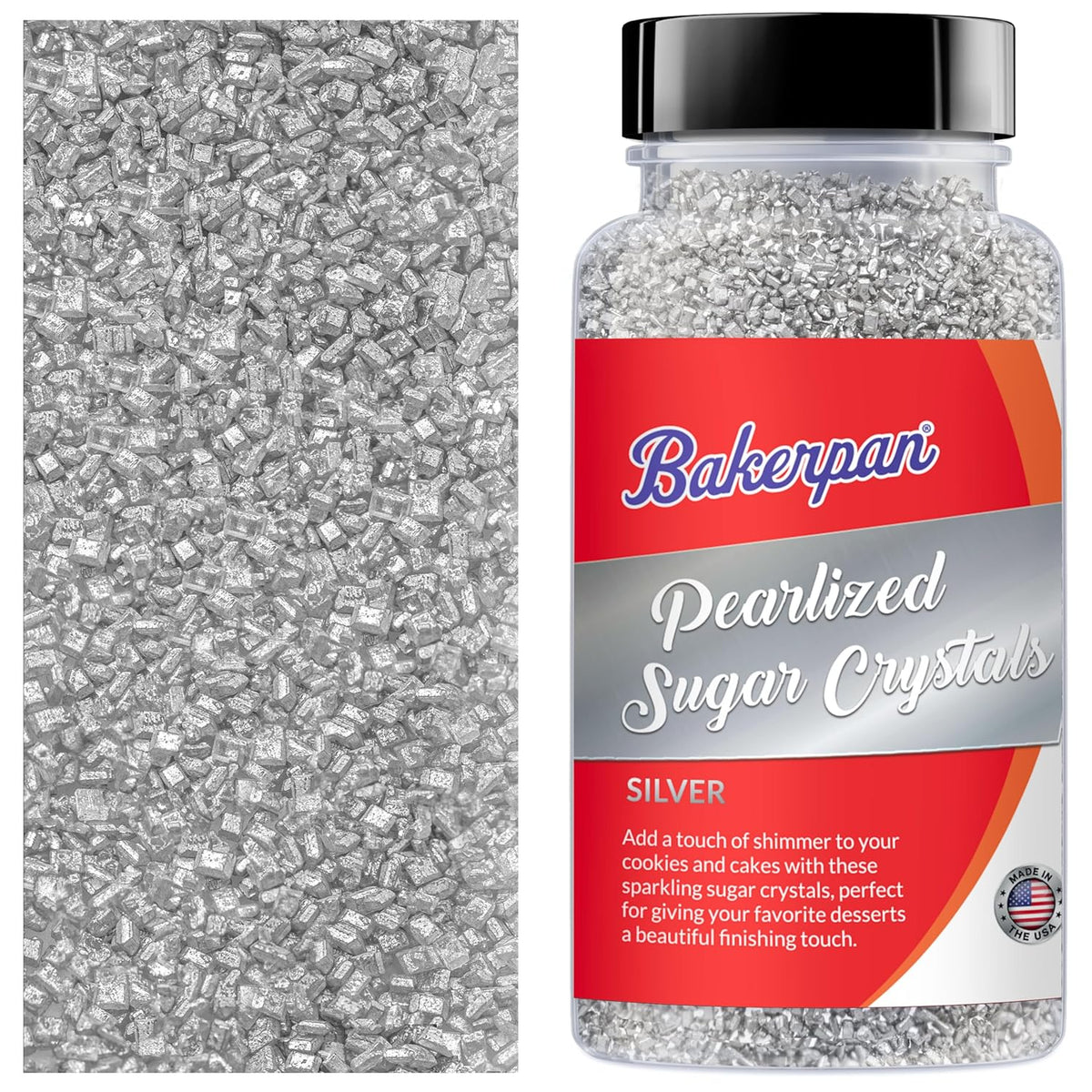 Bakerpan Pearlized Sugar Sprinkles for Baking - 5 Ounce - Sparkling Silver Decorating Sugar Crystals for Cookies, Cake Pops, Ice Cream (Made in USA)