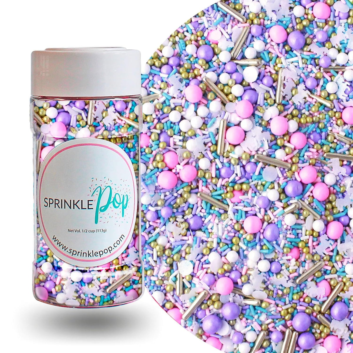 Sprinkle Pop Unicorn Sprinkle Mix| Pastel Pink Purple Blue White Sprinkles with ~20 Unicorn Wafer Paper and Gold Dragees Made in USA for Decorating Princess Birthday Cakes Cupcakes Donuts Cookies, 4oz