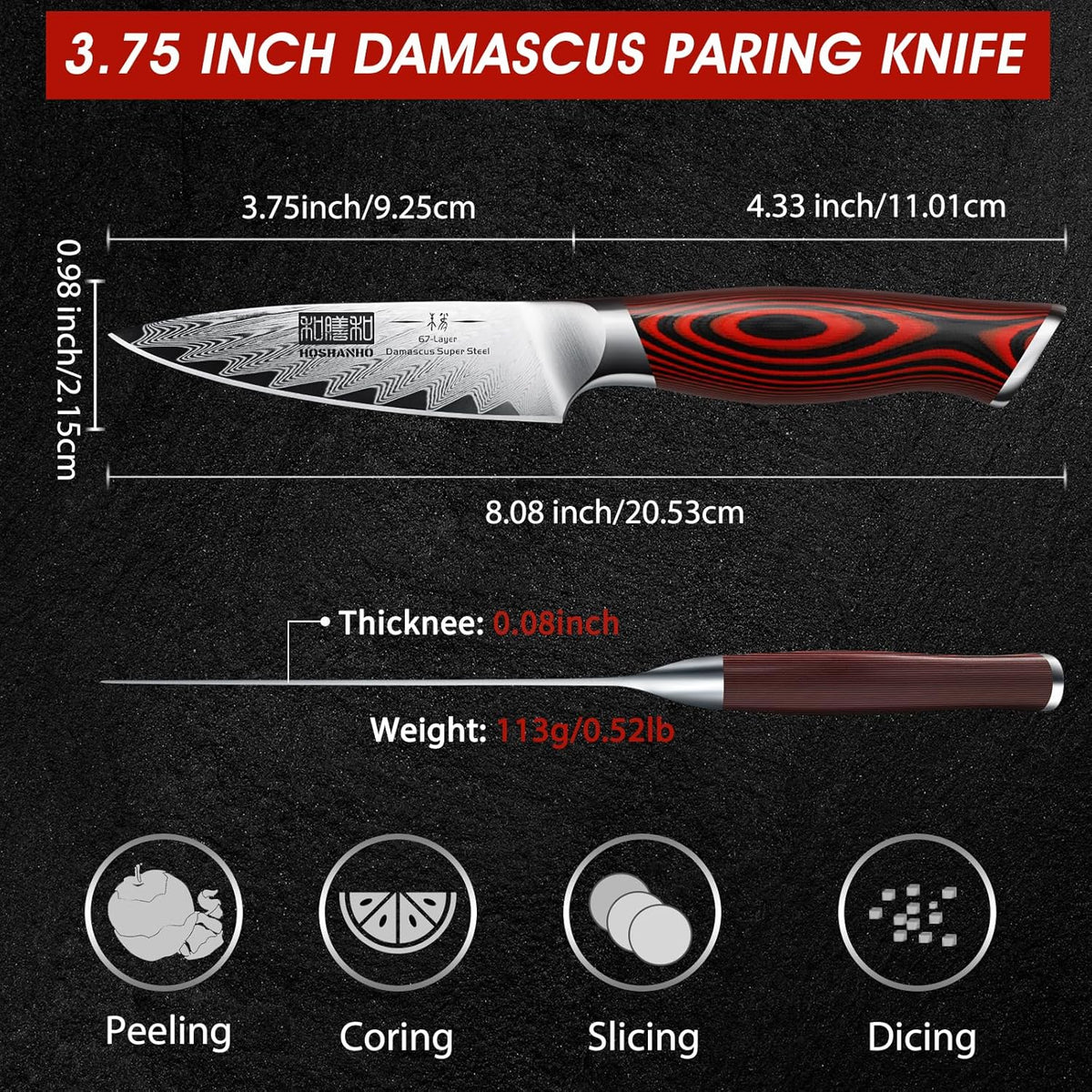 Paring Knife 3.75 Inch Small Kitchen Knife, Super Sharp Damascus Steel Fruit Knife, Multifunctional Peeling Knife for Cutting Fruit Vegetables