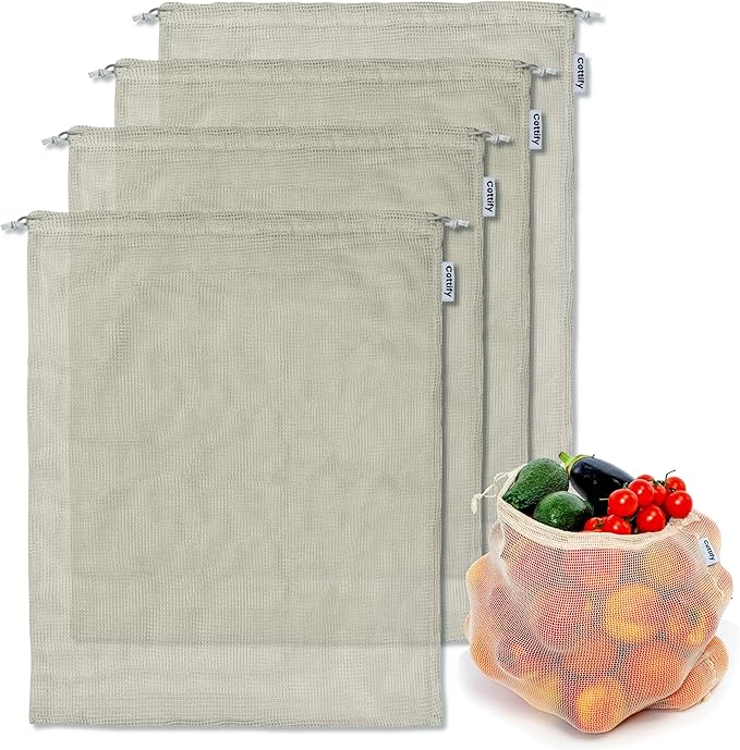 4-pack Reusable Produce Bags Grocery Washable XL, Organic Cotton Mesh Produce Bags Double-Stitched Vegetable Grocery Reusable, Tare Weight, Cotton Produce Bags Reusable Washable, Produce bgs XL