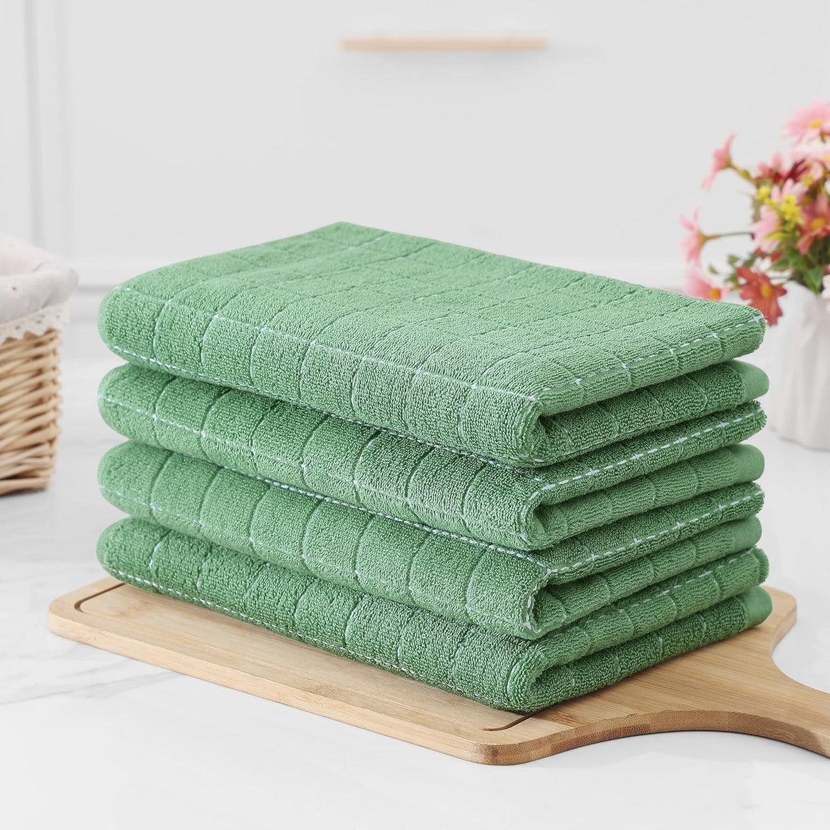 Homaxy 100% Cotton Terry Kitchen Towels(Grass Green, 20 x 28 inches), Checkered Designed, Soft and Super Absorbent Dish Towels, Large 4 Pack