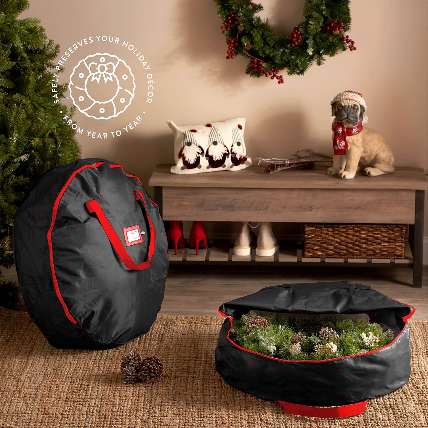 ZOBER 2 Pack Oxford Christmas Wreath Storage Container 30 Inch - Wreath Bag for Artificial Wreaths Box - Waterproof Fabric, Dual Zippered Wreaths Storage Bag With Strong Durable Handles - Black