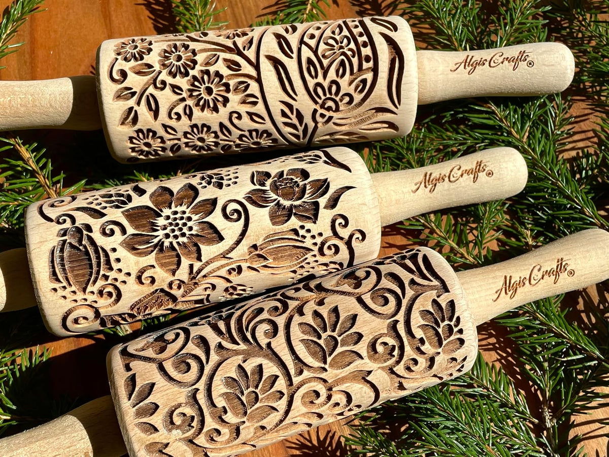 FLORET 3 Kid Rolling Pin Set with Lotus, Kashmir, Paisley, Flowering Vine, Lily Flowers Patterns. Wooden Laser Cut Mini Rolling Pins for Cookies, Play Dough, Salt Dough or Clay by Algis Crafts
