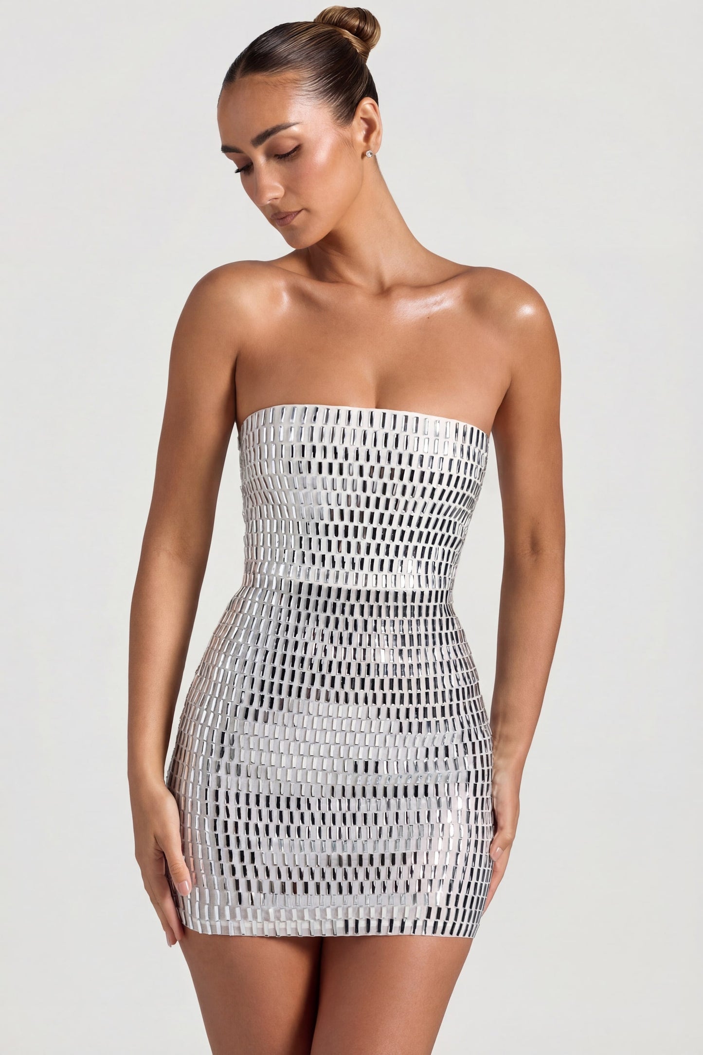Embellished Bandeau Mini Dress in White