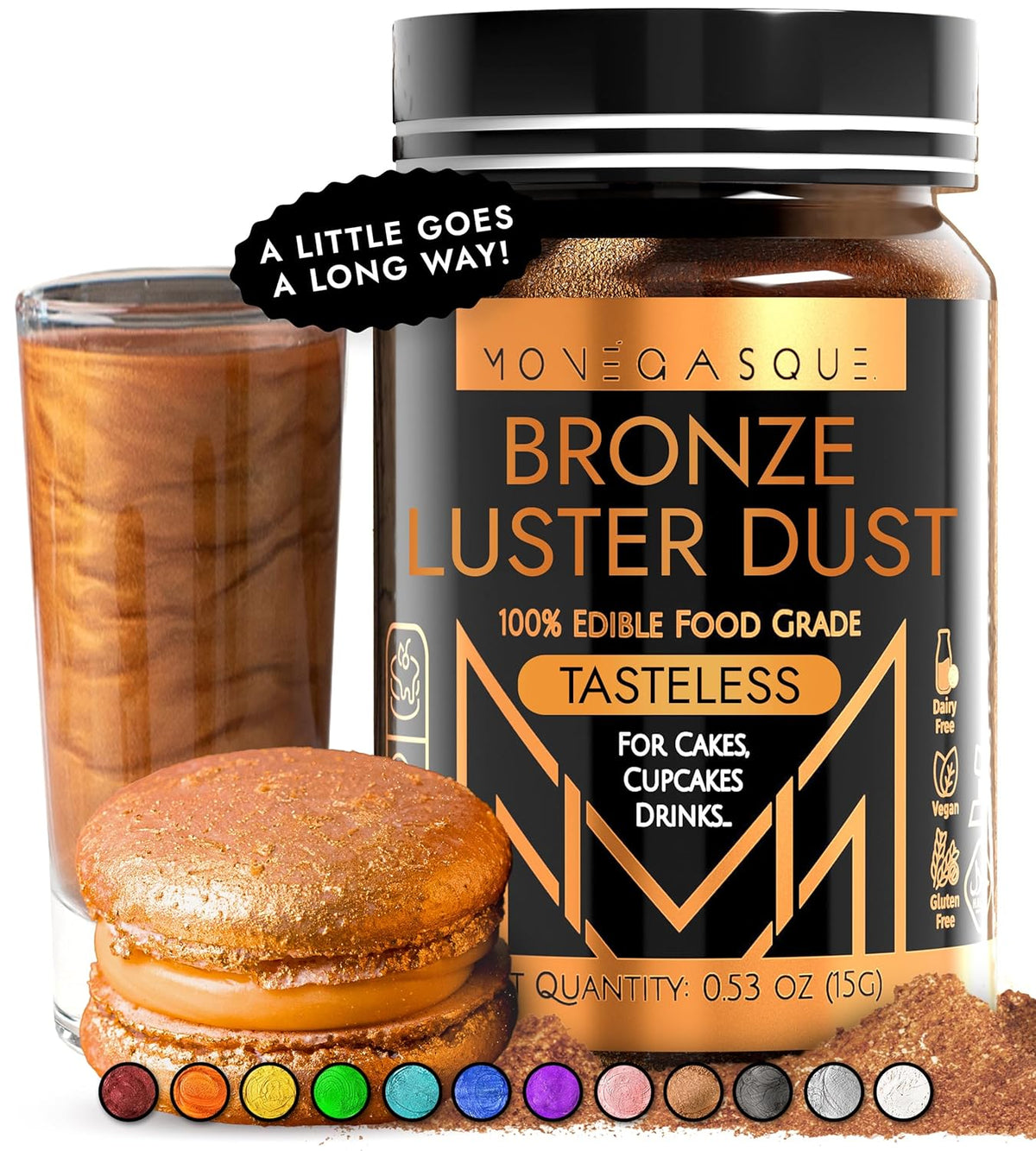 MONÉGASQUE Bronze Edible Glitter for Drinks 15g – Edible Glitter for Cakes & Cocktails – Luster Dust for Cakes, Drinks, & Chocolate Decorations – Halloween Cake & Drink Shimmer - Copper Powder Spray