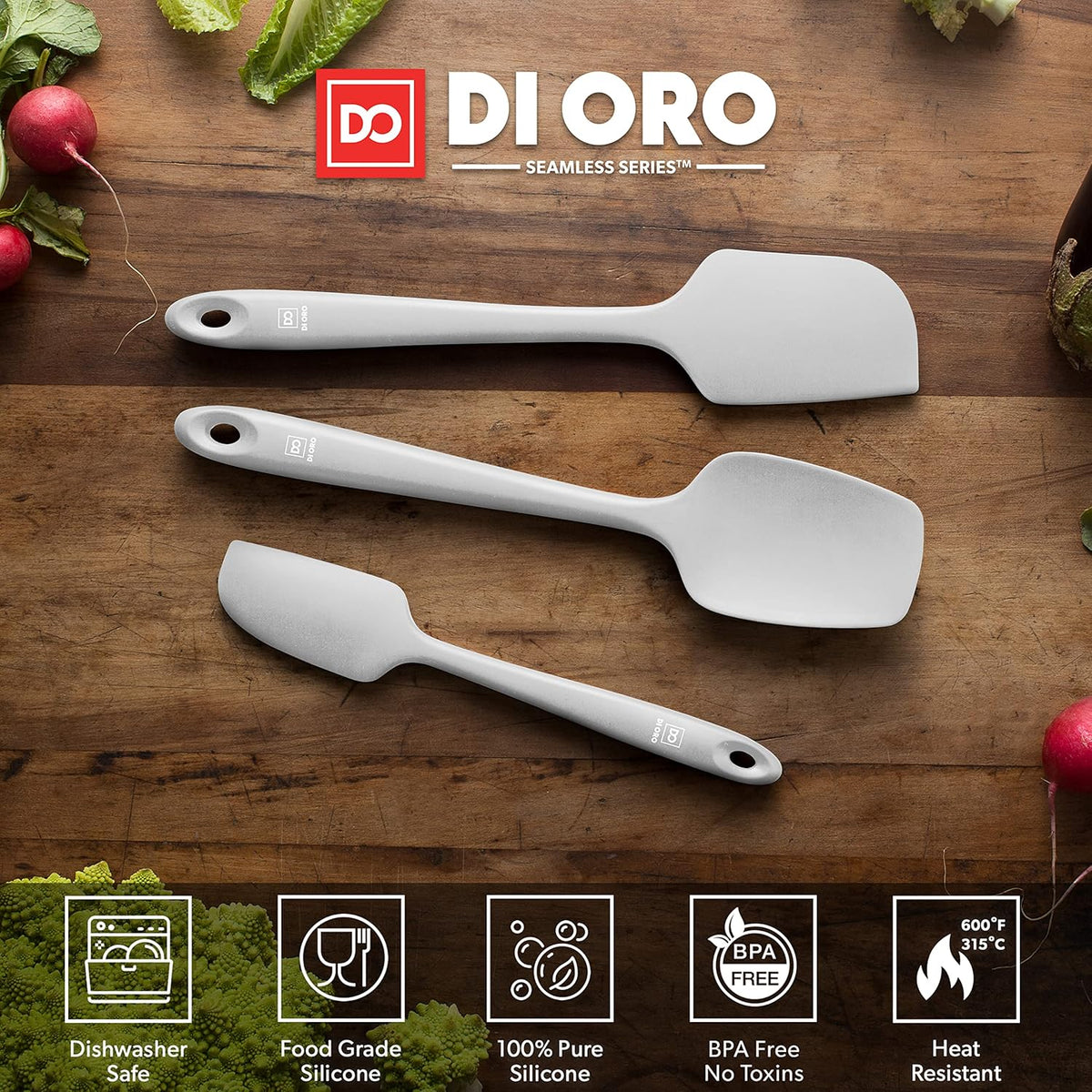 DI ORO Silicone Spatula Set - Rubber Kitchen Spatulas for Baking, Cooking, & Mixing - 600°F Heat-Resistant & BPA Free Silicone Scraper Spatulas for Nonstick Cookware - Dishwasher Safe (3pc, Stone)