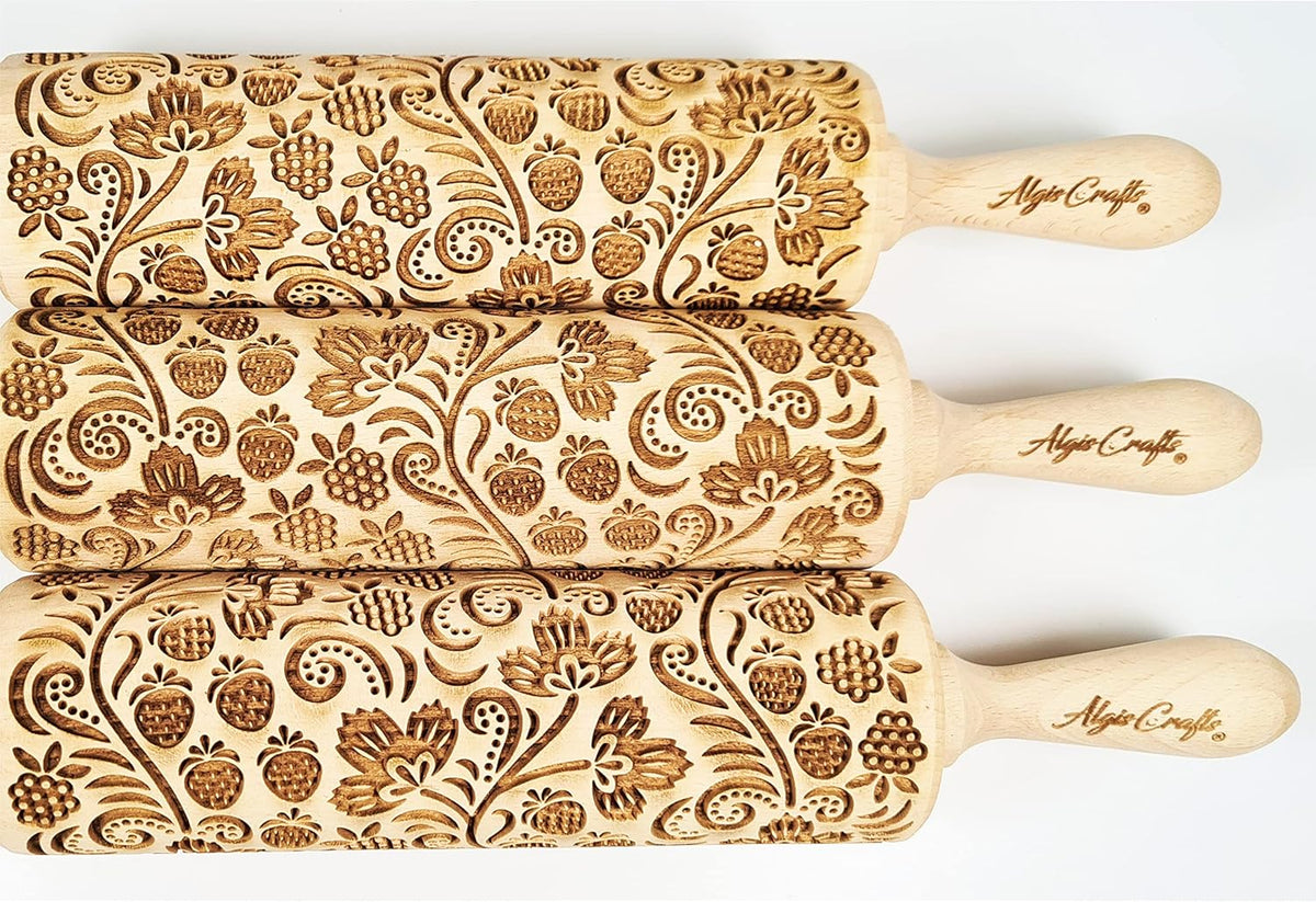 STRAWBERRY embossing rolling pin. Engraved wooden embossed dough roller for embossed cookies or clay by Algis Crafts