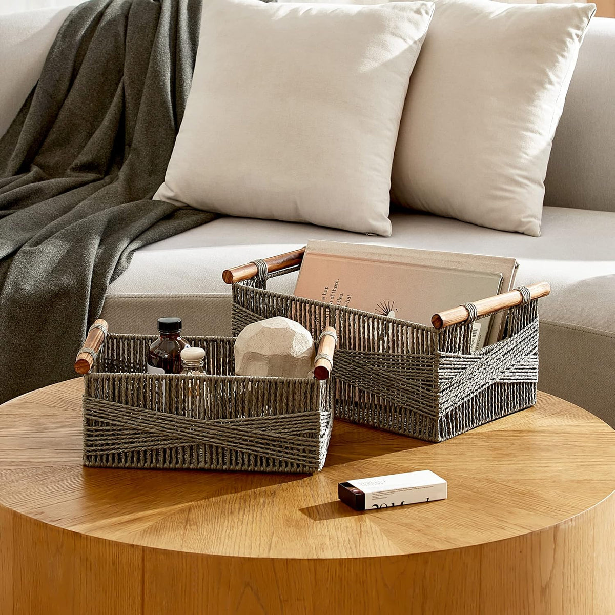 LA JOLIE MUSE Wicker Storage Baskets for Organizing, Recyclable Paper Rope Basket with Wood Handles, Decorative Hand Woven Basket Organizers for Makeup Books Shelves Living Room, Grey, Set of 2
