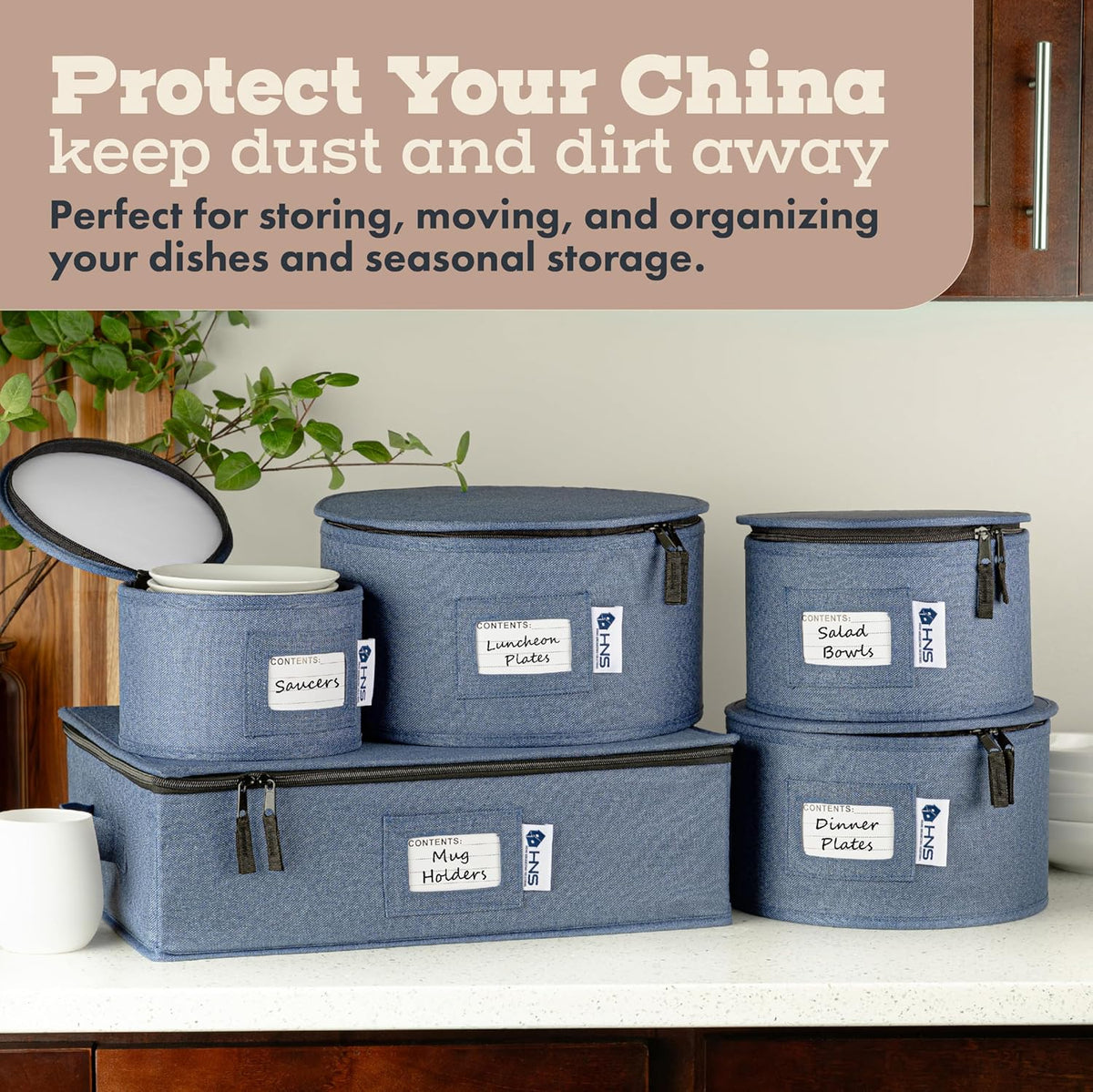 Mug Storage Container - Hard Shell China Organizer with Dividers – Holds 12 Mugs - Durable & Stackable Storage Box for Seasonal Dishware Protection - Denim Blue