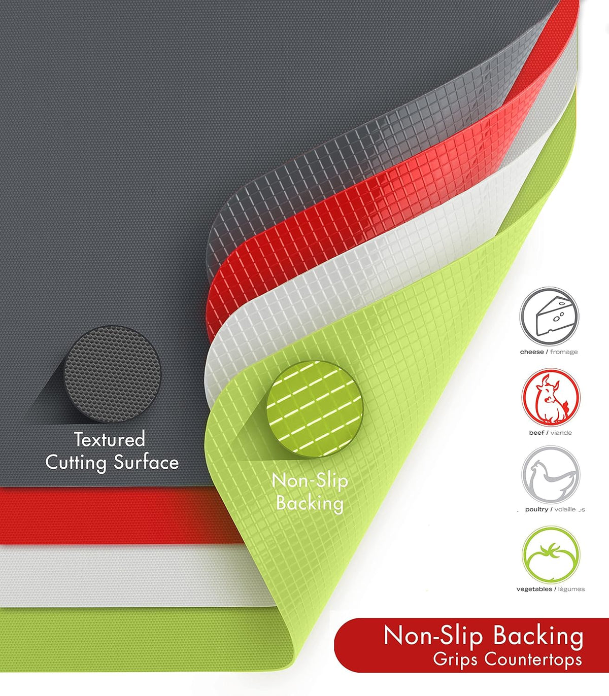 Dexas Heavy Duty Grippmat Flexible Cutting Board Set of Four, 8 by 11 inches, Gray, Red, White and Green