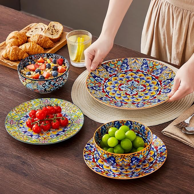 vancasso 18 Pieces Dinnerware Sets, Plates and Bowls Set, Porcelain Dishes Set for 6, Microwave and Dishwasher Safe, Scratch Resistant, Bohemian Style Dining Ware Service for 6, Series SIMI