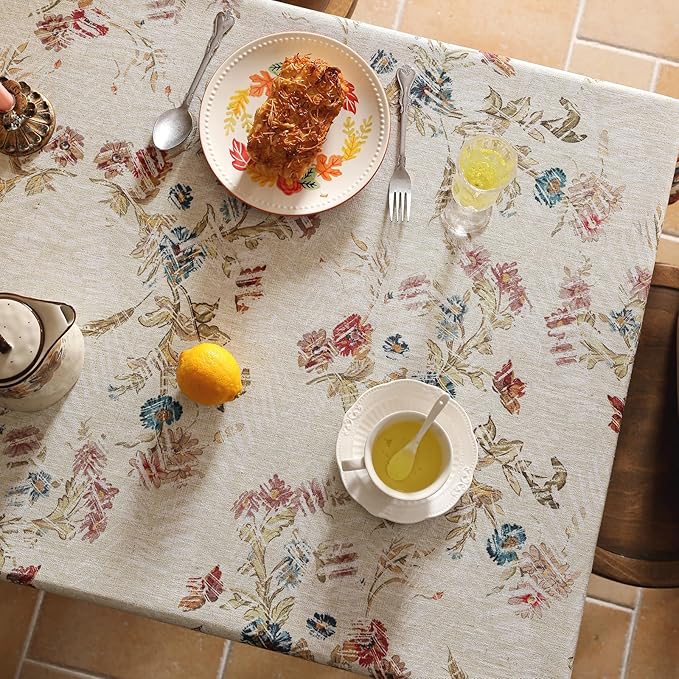 patdrea Designer Linen Tablecloth for Rectangle Table,Red Vintage Animals Pattern Floral Tablecloths,Decor Table Cover for Kitchen Dining Christmas,Tea Party,Thanksgiving,Party,63"x87"-Townlife E