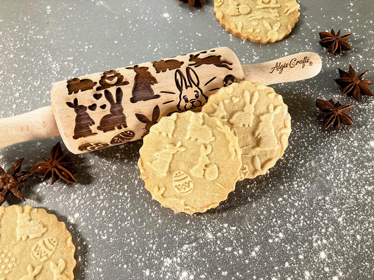 EASTER 3 Mini Embossed Rolling Pin Set. Wooden Laser Cut Embossing Rolling Pins for Embossed Cookies. Easter, Rabbit, Egg, Chicken, Spring, Flowers from Algis Crafts
