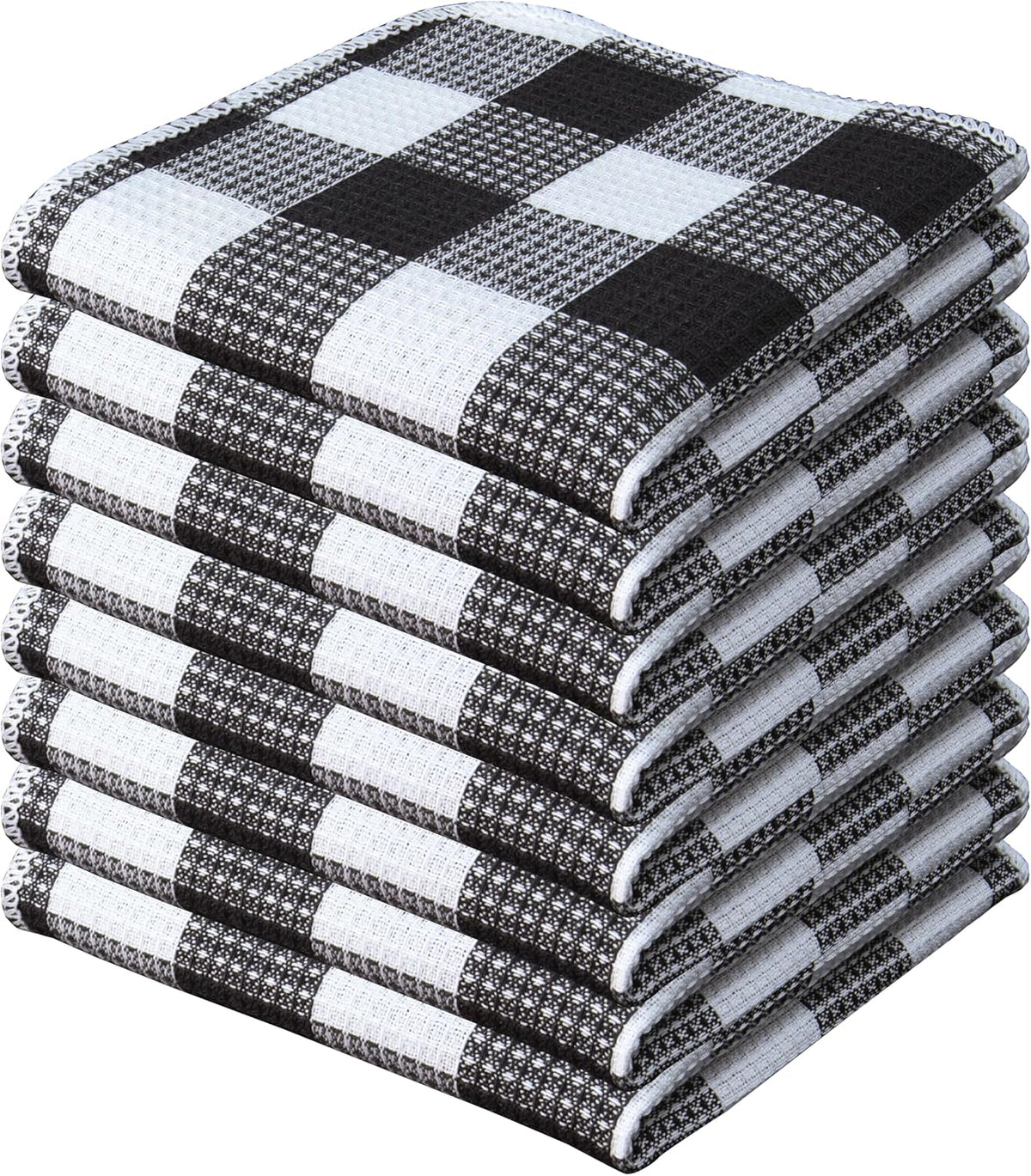 PurpleEssences Waffle Weave Plaid Dish Cloths, 100% Cotton - 12 x 12 Inches, Ultra Soft Absorbent Quick Drying Dish Towels Buffalo Check Dish Rags for Kitchen, 8 Pack - Spring Summer - Black & White