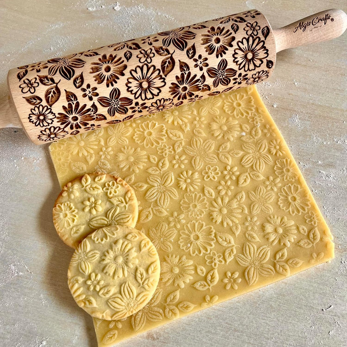 FLOWER MIX Embossing Rolling Pin with Flowers Pattern. Dough and Clay Roller for Embossed Cookies and Pottery. Cookie and Ceramic Stamp. Backing Gifts for Women by Algis Crafts