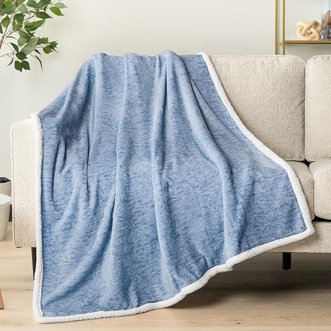 PAVILIA Melange Blue Sherpa Blanket Throw for Couch, Warm Soft Cozy Reversible Blanket Sofa Bed, Thick Plush Large Fleece Car Blanket, Decorative Home Room Decor Gifts Men Women, 50x60 Navy Blue