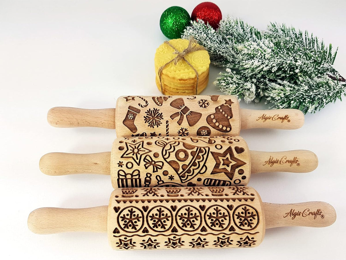 CHRISTMAS FUN 3 Kid Rolling Pin Set. Wooden Laser Cut Embossing Cut Mini Rolling Pins for Embossed Cookies. Gift for Kid, Friend, Christmas by Algis Crafts