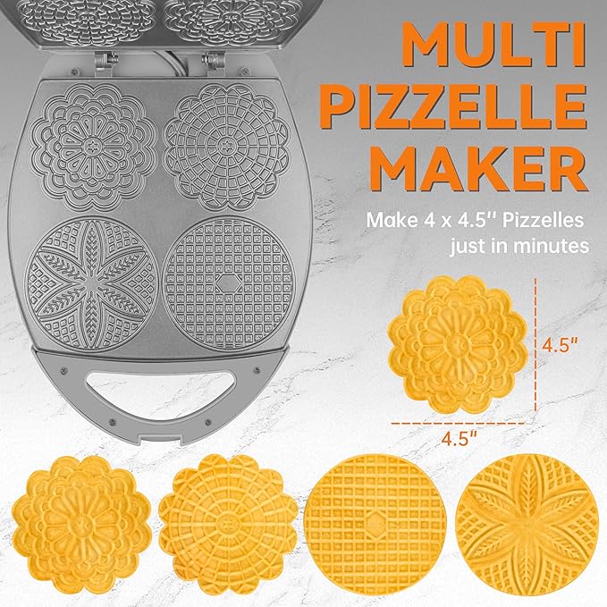 Baker's Friend Multi Pizzelle Maker Electric, Stroopwafel Iron, 4 x 4.5'' Pizzelle Waffle Cookies Maker with Temperature Control, Ideal for Holidays, Parties & More, Great Choice for Gift, Graphite