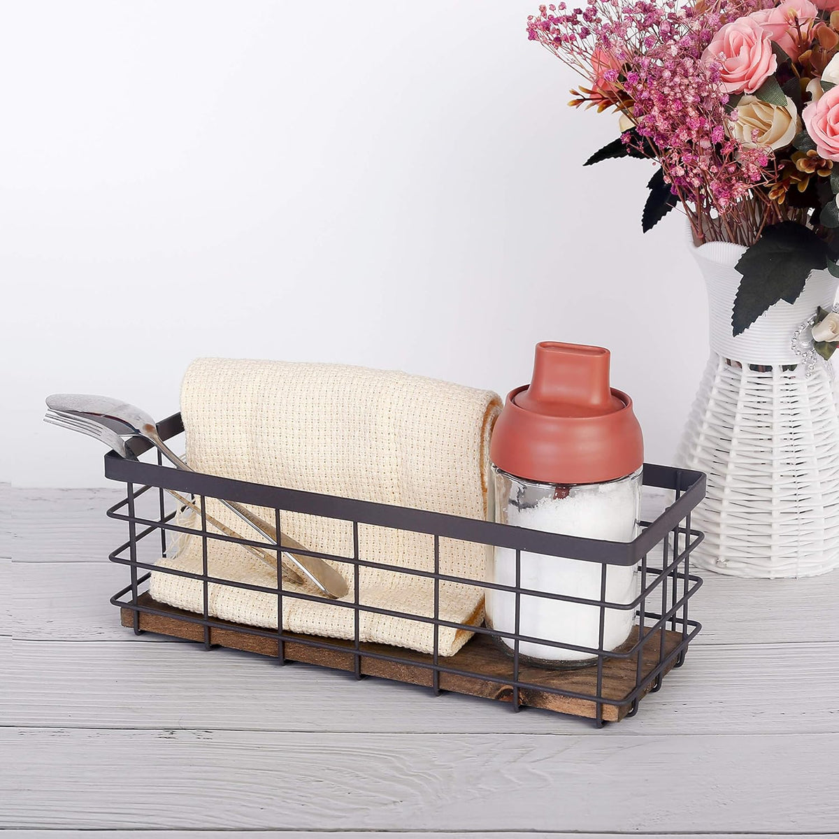 TIEYIPIN Small Metal Wire Storage Basket, Detachable Wood Base Storage Organizer Bin Basket for Kitchen Cabinets, Bathroom, Pantry, Garage, Laundry Room - Brown