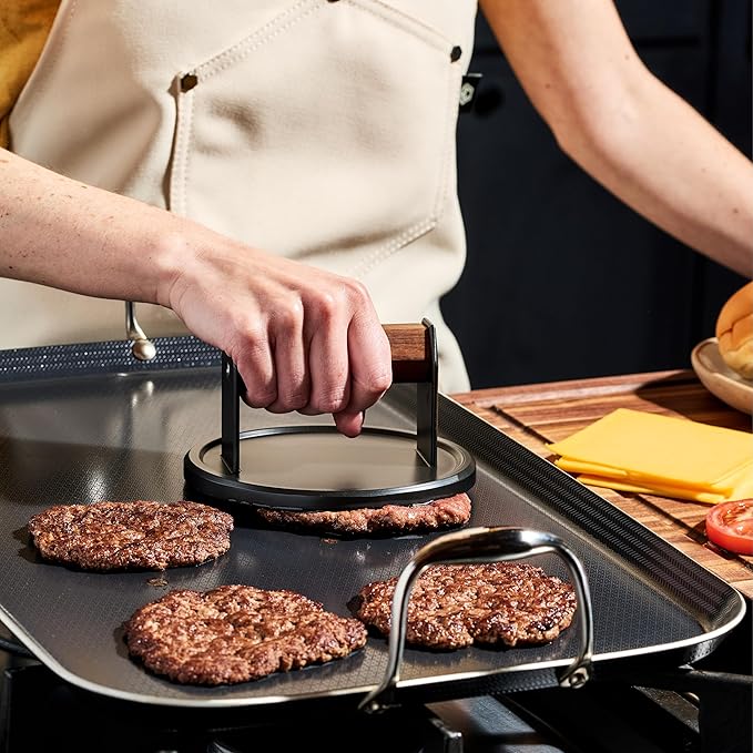 HexClad 8-Piece Griddle Tool Set with Smash-Burger Press, Wide Turner, Long Spatula, 14" Tongs, and 4 Egg Rings, Heat-Resistant to 450ºF, Dishwasher-Safe, Perfect for Our Hybrid Double-Burner Griddle