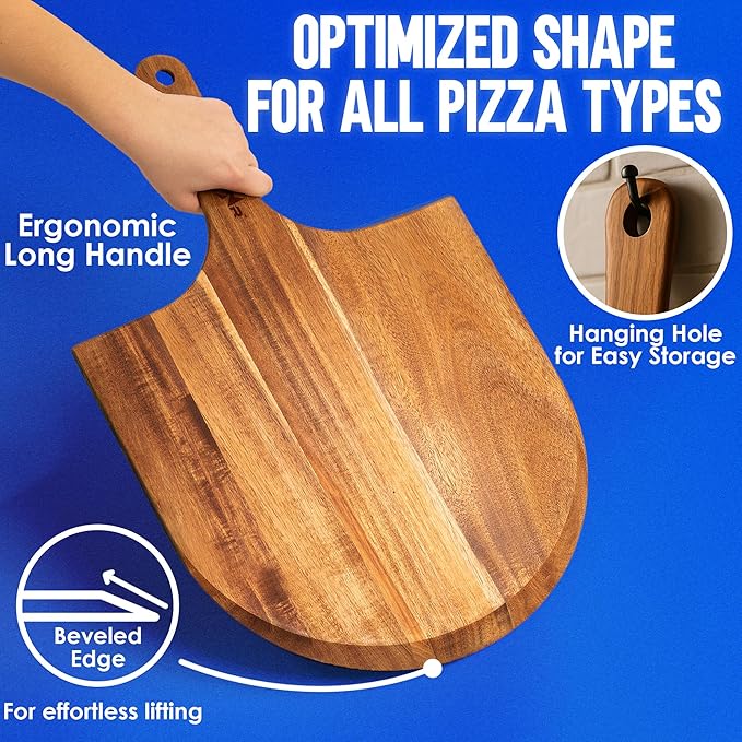 KitchenStar 14-Inch Acacia Wood Pizza Peel – Large Wooden Cutting & Serving Board with Handle – Natural Oil Finish – Ideal Pizza Oven Accessory for Easy Sliding & Prep