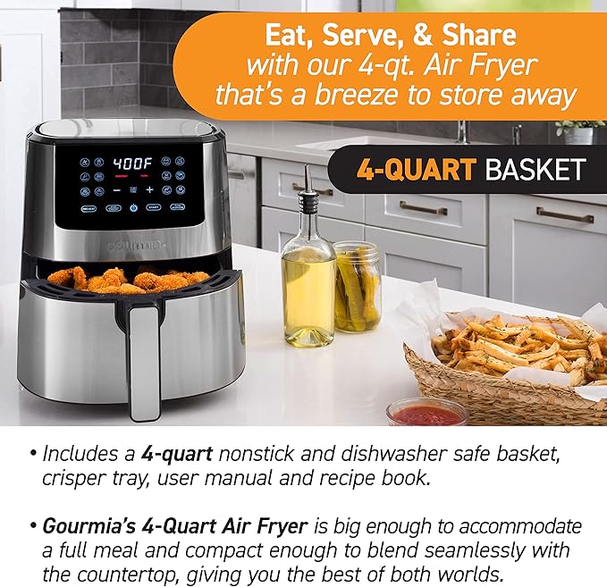 Gourmia 4-Qt Digital Air Fryer with Guided Cooking, Easy Clean, Stainless Steel