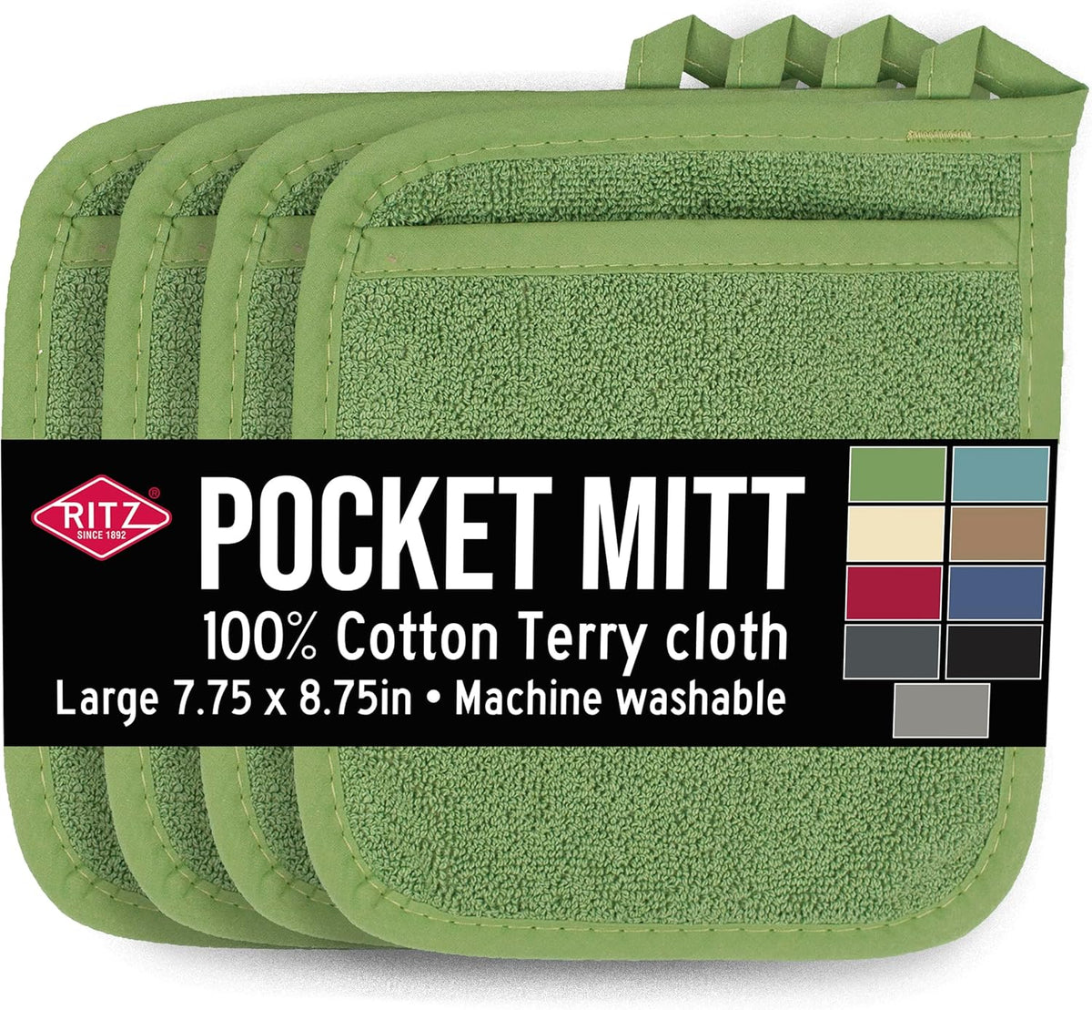 RITZ Terry Pocket Mitt & Hot Pad: Unparalleled Heat Resistant, Durable 100% Cotton – Ergonomically Designed for Optimal Grip – Easy-Care Machine Washable – 4-Pack, Cactus Green