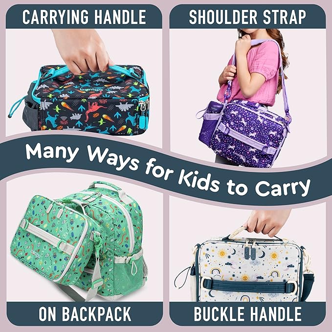 Bentgo Kids Lunch Bag - Durable, Double-Insulated Lunch Bag for Kids 3+; Holds Lunch Box, Water Bottle, & Snacks; Easy-Clean Water-Resistant Fabric & Multiple Zippered Pockets (Friendly Skies)