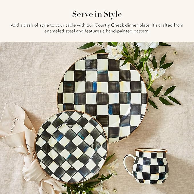 MACKENZIE-CHILDS Enamel Dinner Plate, Decorative Dinnerware Plate, 10 Inches, Set of 1, Black-and-White Courtly Check