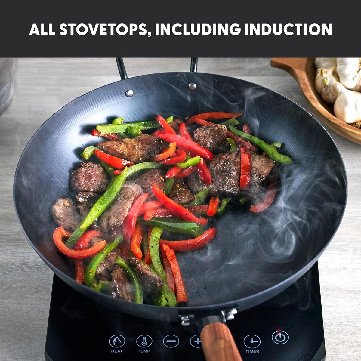GreenPan Carbon Steel Wok 12”, Flat Bottom, Durable Stir-Fry Pan, Pre-Seasoned Nonstick Patina, High Heat Retention, Induction, Ash Wood Handle, Kyoto, Black