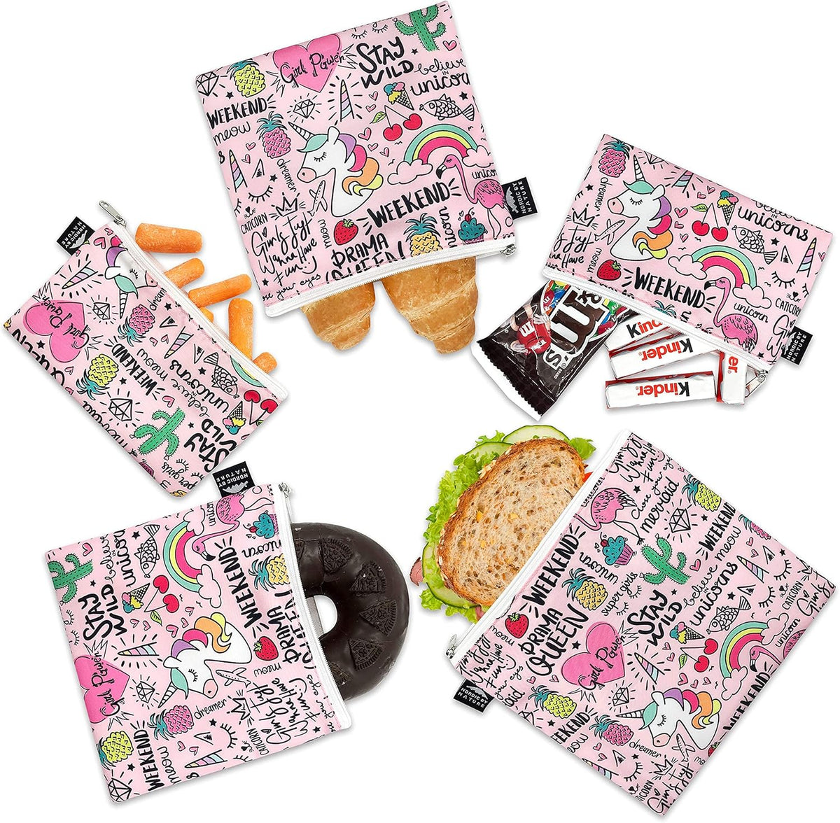 Nordic By Nature-Dual Layer Reusable Sandwich & Snack Bags – BPA-Free, Easy Clean, School Lunch Bags for Kids & Adults (Unicorns & Rainbows)