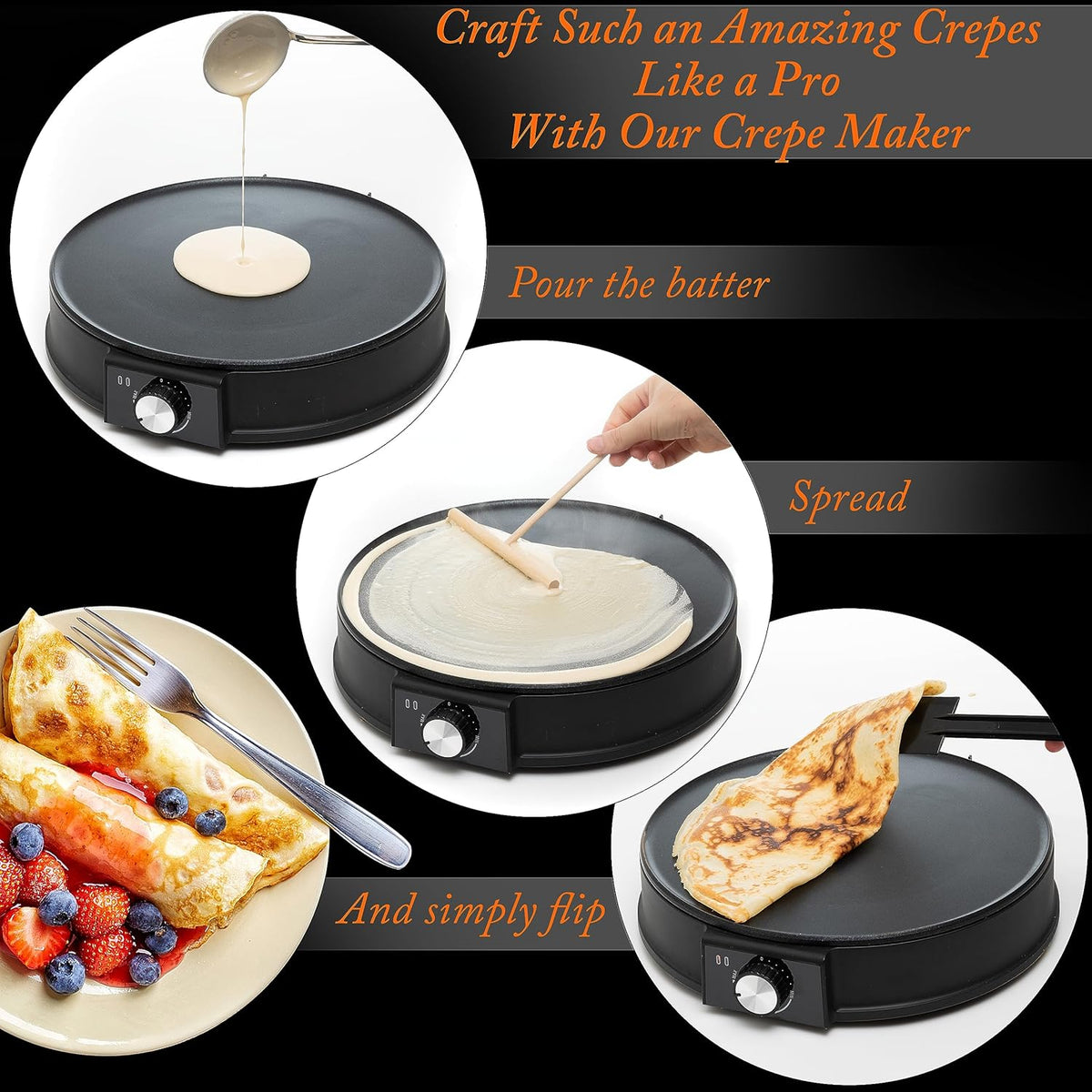 Moss & Stone 12 Inch Electric Griddle & Crepe Maker Machine. Electric Crepe Maker with Adjustable Temperature for Blintzes Pancakes & Tortilla, Non-Stick Crepe Pan & Batter Spreader & Spatula